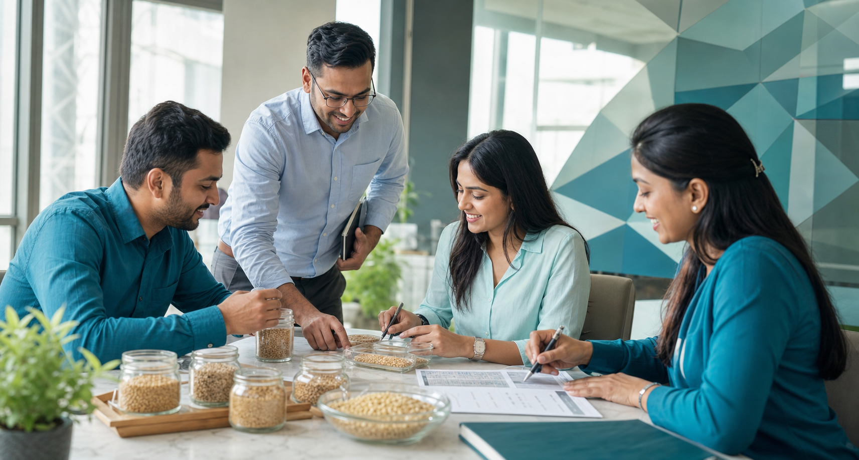 Crystalline sourcing professionals reviewing grain samples