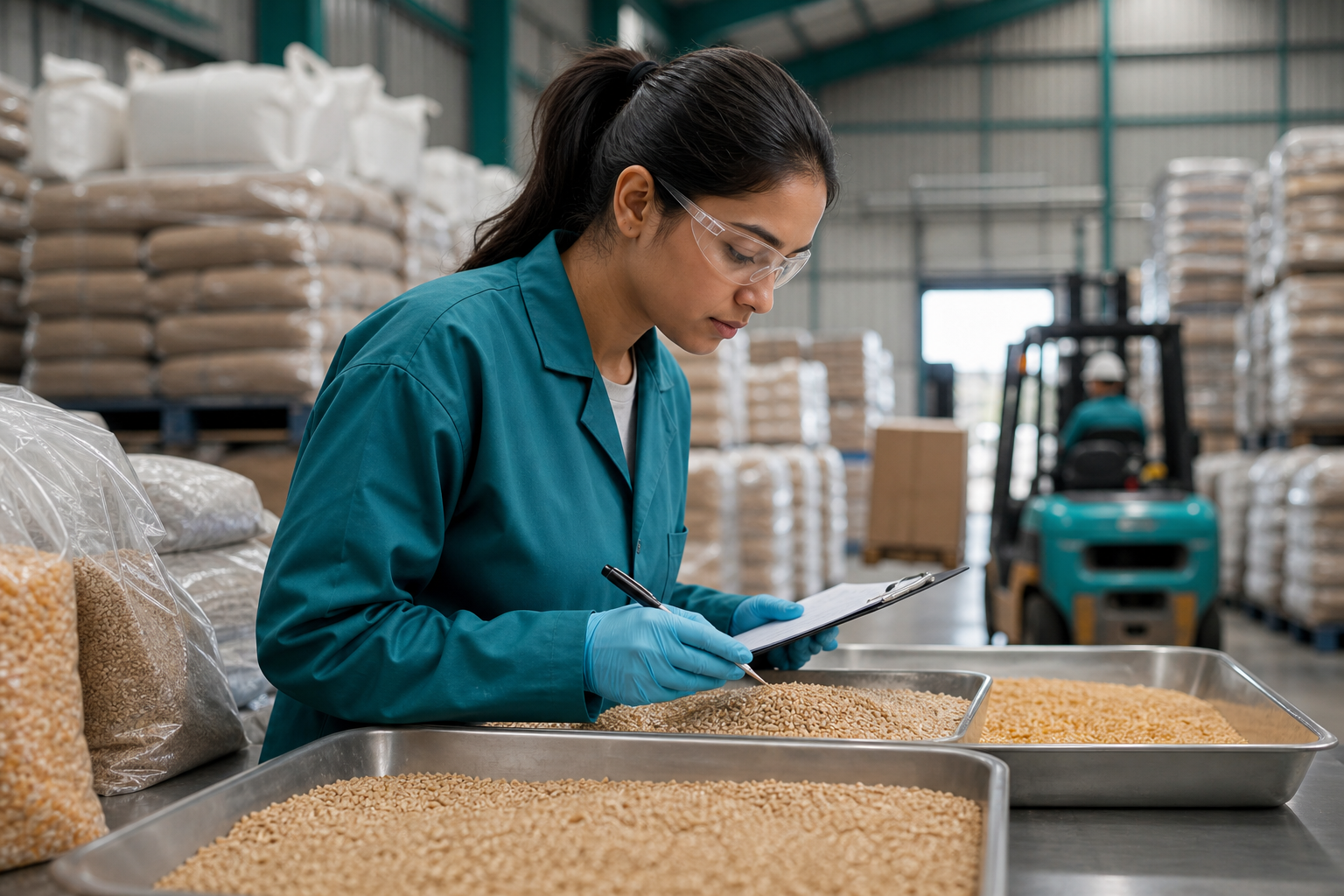 Quality specialist inspecting grains in a warehouse